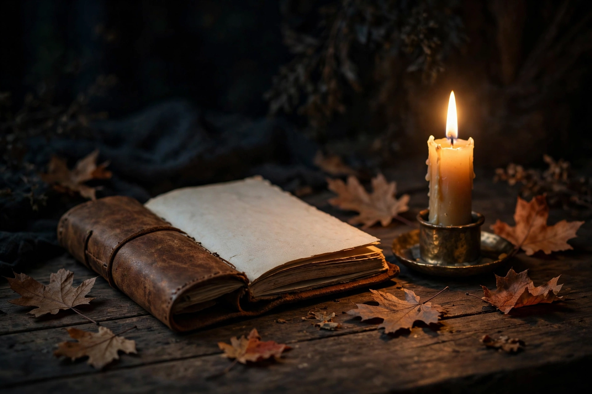 Journal and candle for new moon rituals on a dark quiet evening