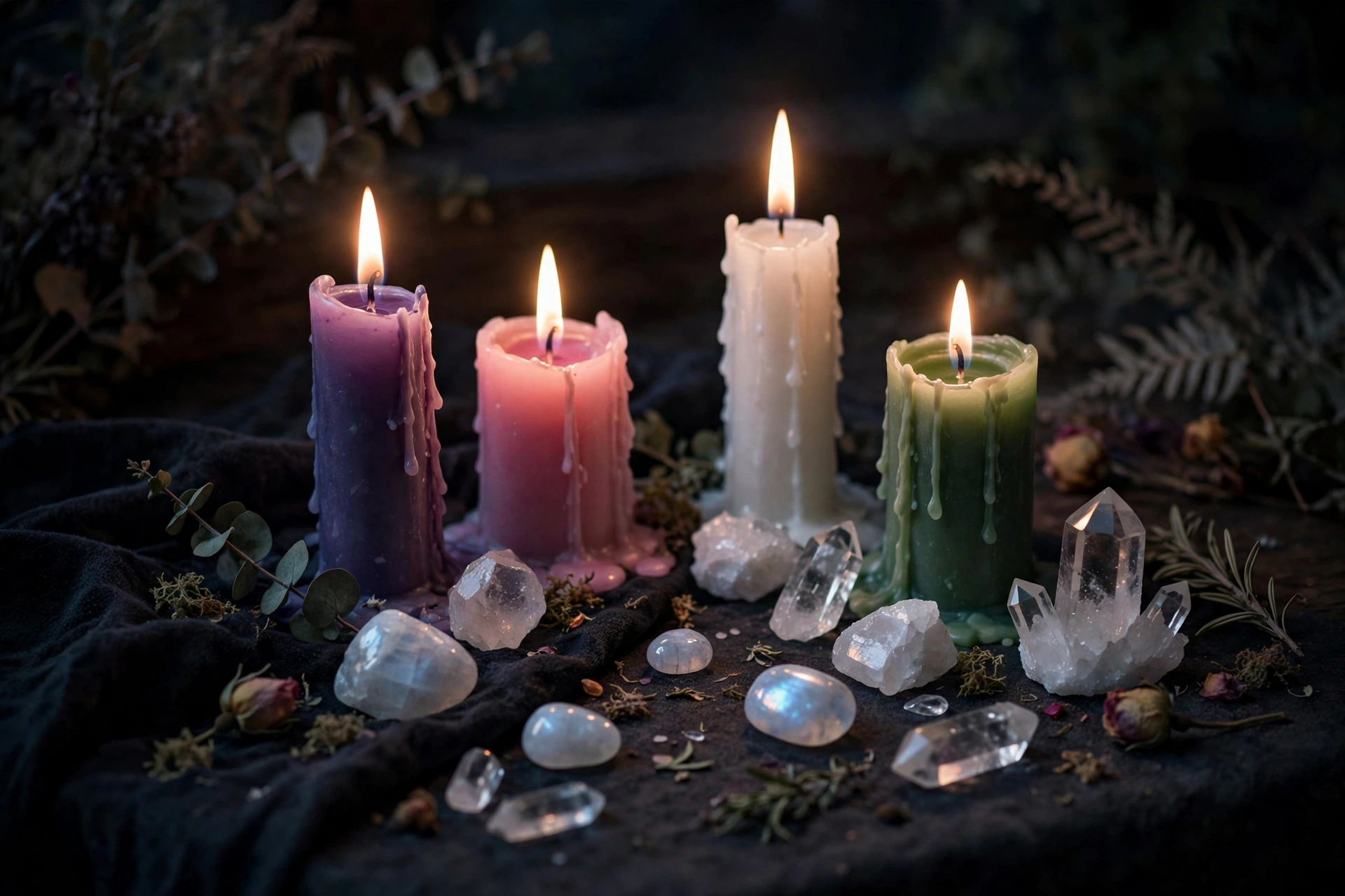 Candles and crystals arranged for new moon rituals