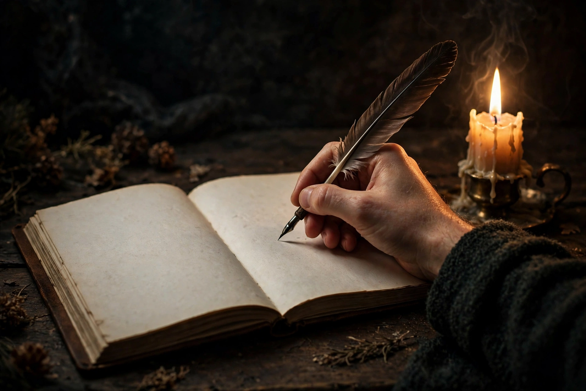 Writing new moon intentions in a journal by candlelight