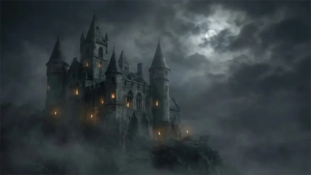 A castle under a full moon