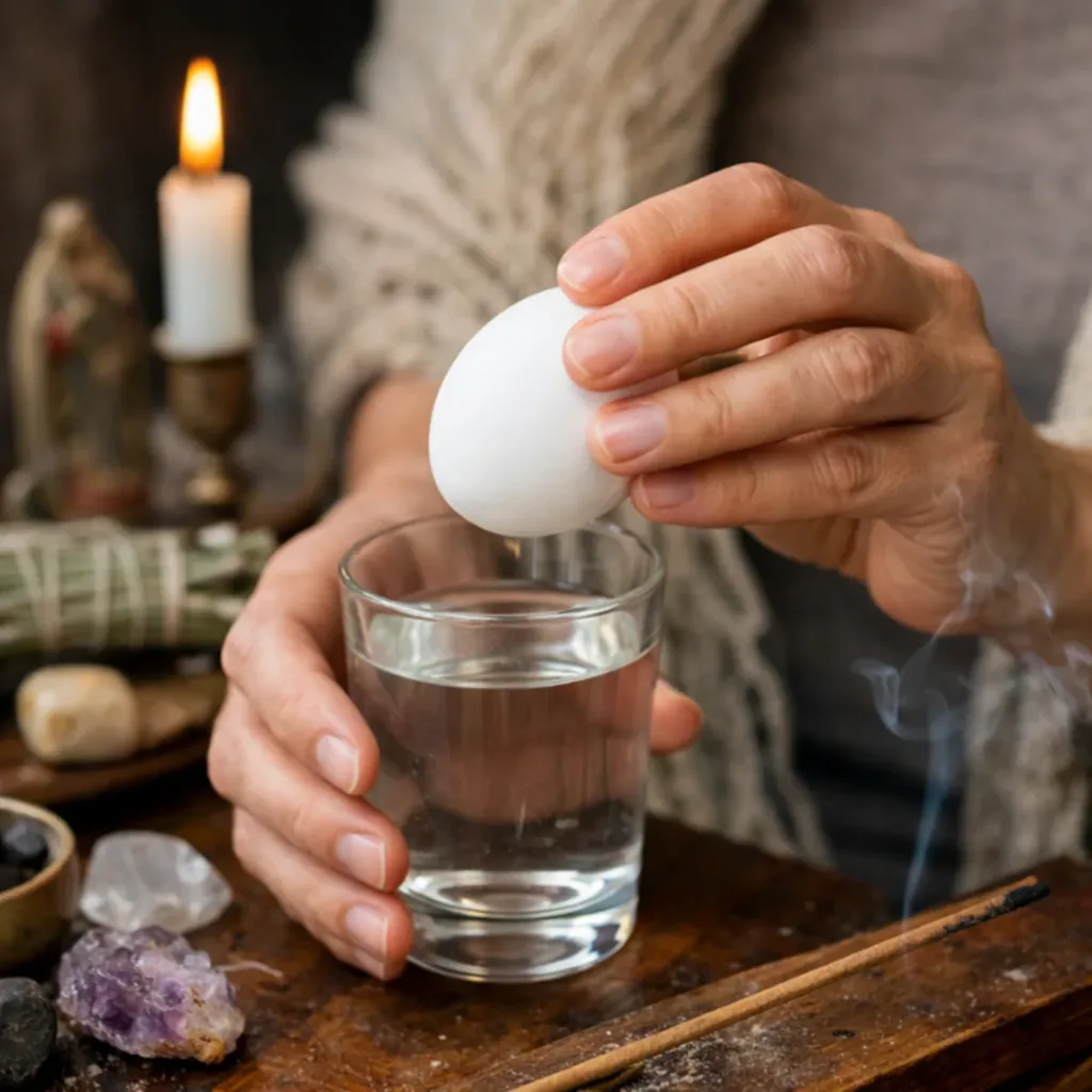 An egg cleanse (limpia) ritual with an egg held over a glass of water