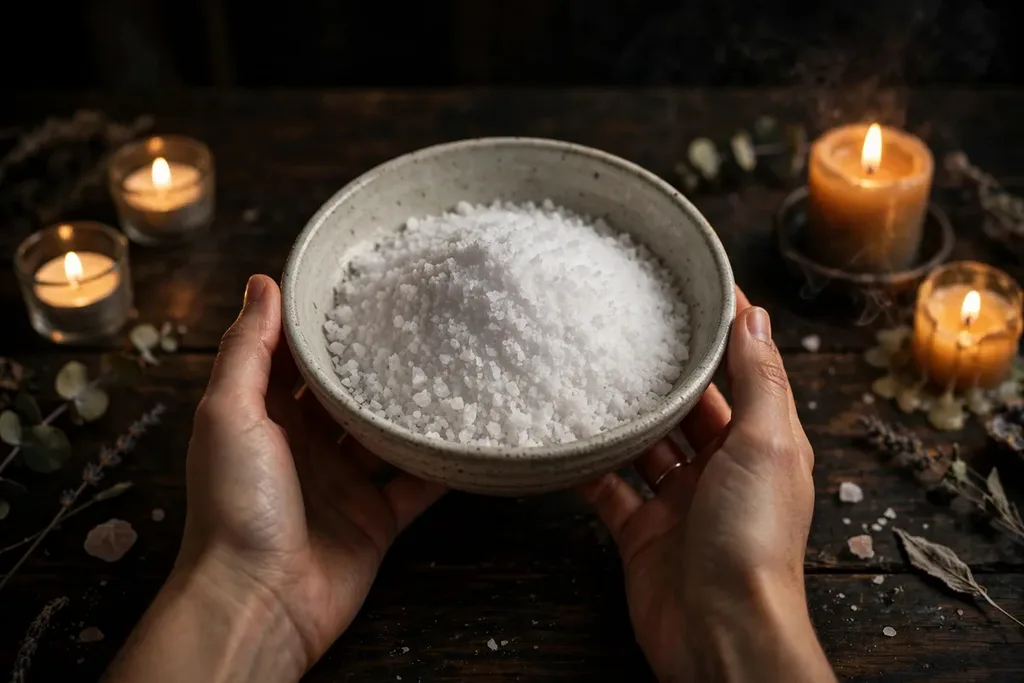 Rock salt in a bowl for a room cleanse