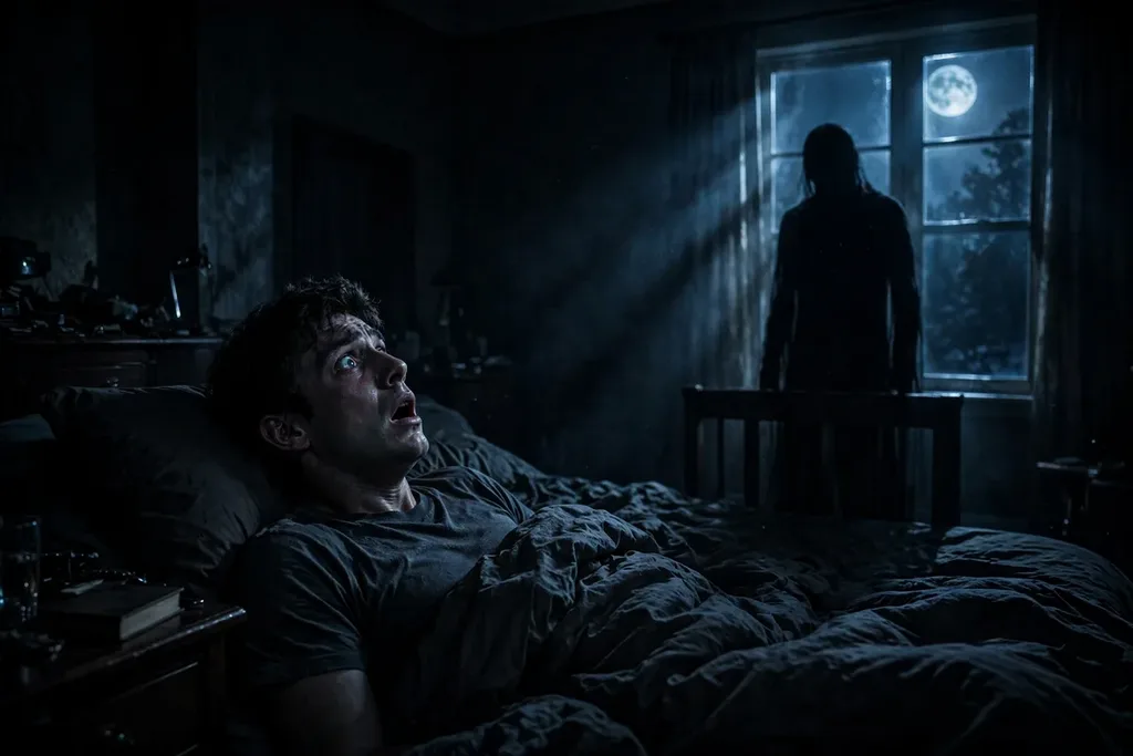 A shadowy figure in a dark bedroom, illustrating sleep paralysis