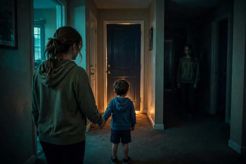 Other Mommy explained — a mother and child in a dim hallway with a second figure in shadow (scene illustration)