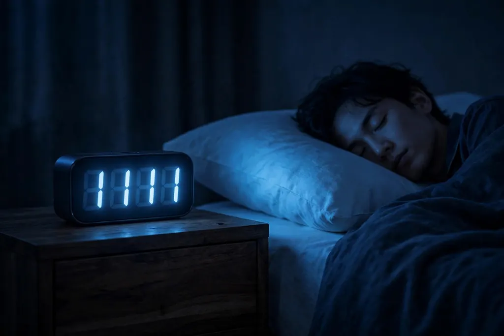 Angel numbers meaning — a clock showing 11:11 at night (scene illustration)