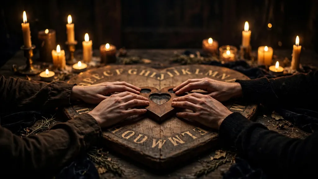Ouija board session — hands on a planchette over a talking board by candlelight (scene illustration)