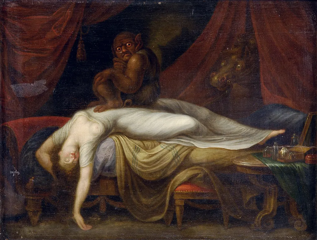 नींद में दबाया जाना लोककथा — सोती महिला के सिरहाने साया, पुरानी पेंटिंग (Wikimedia Commons)