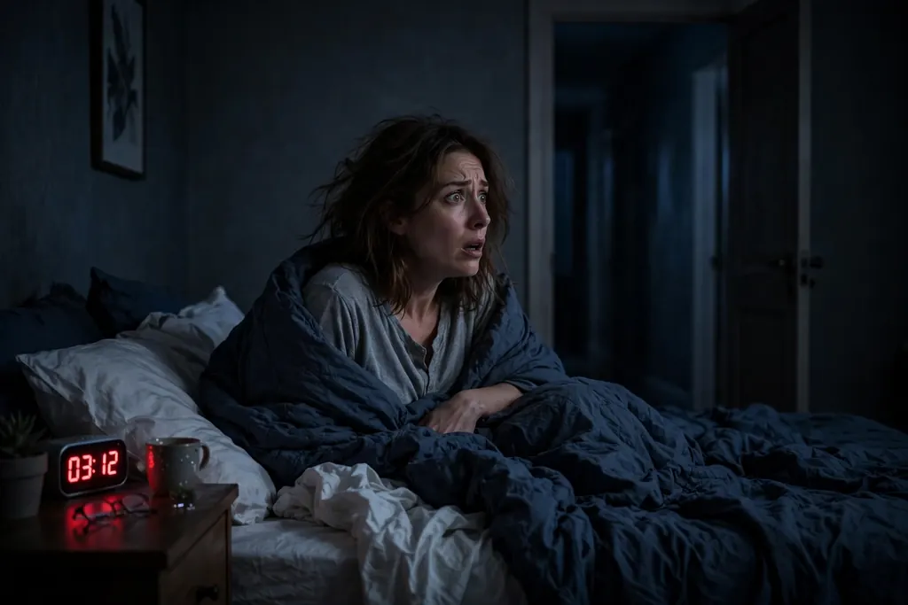Feeling watched symptoms — a woman sitting up in bed at night (scene illustration)