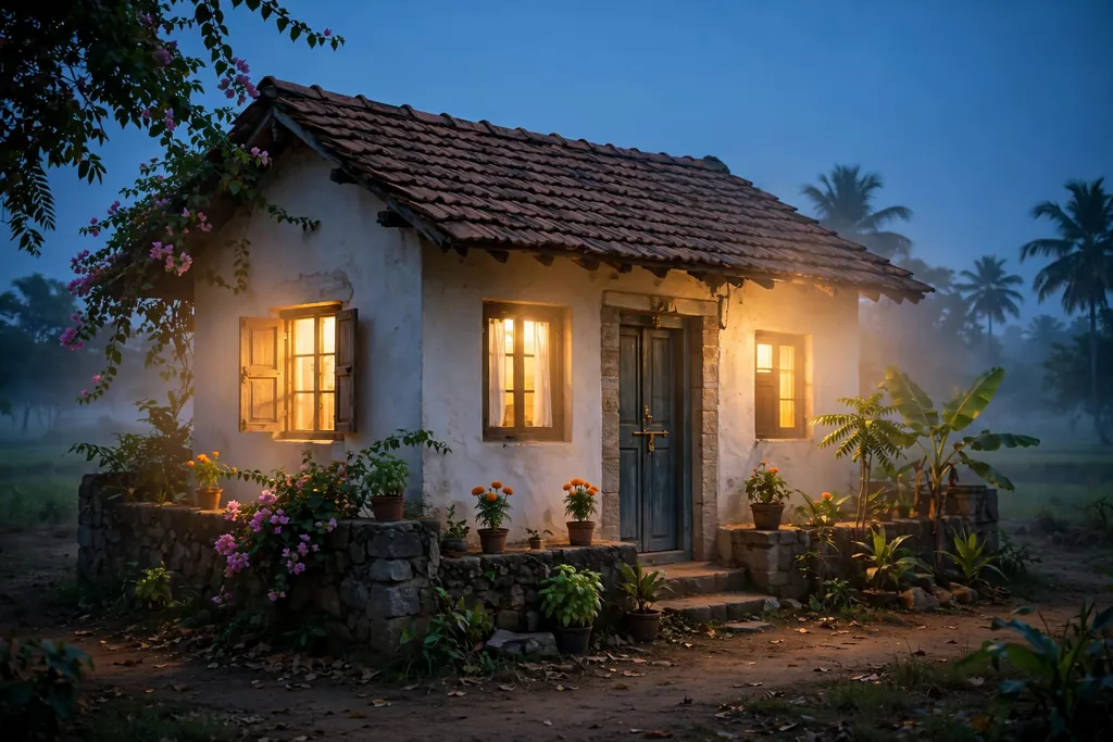 Home aura shield — a house glowing warmly at twilight (scene illustration)