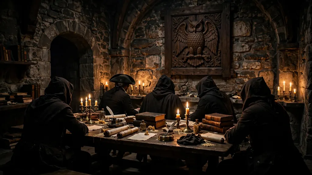 Bavarian Illuminati 1776 — scholars meeting in secret by candlelight (scene illustration)