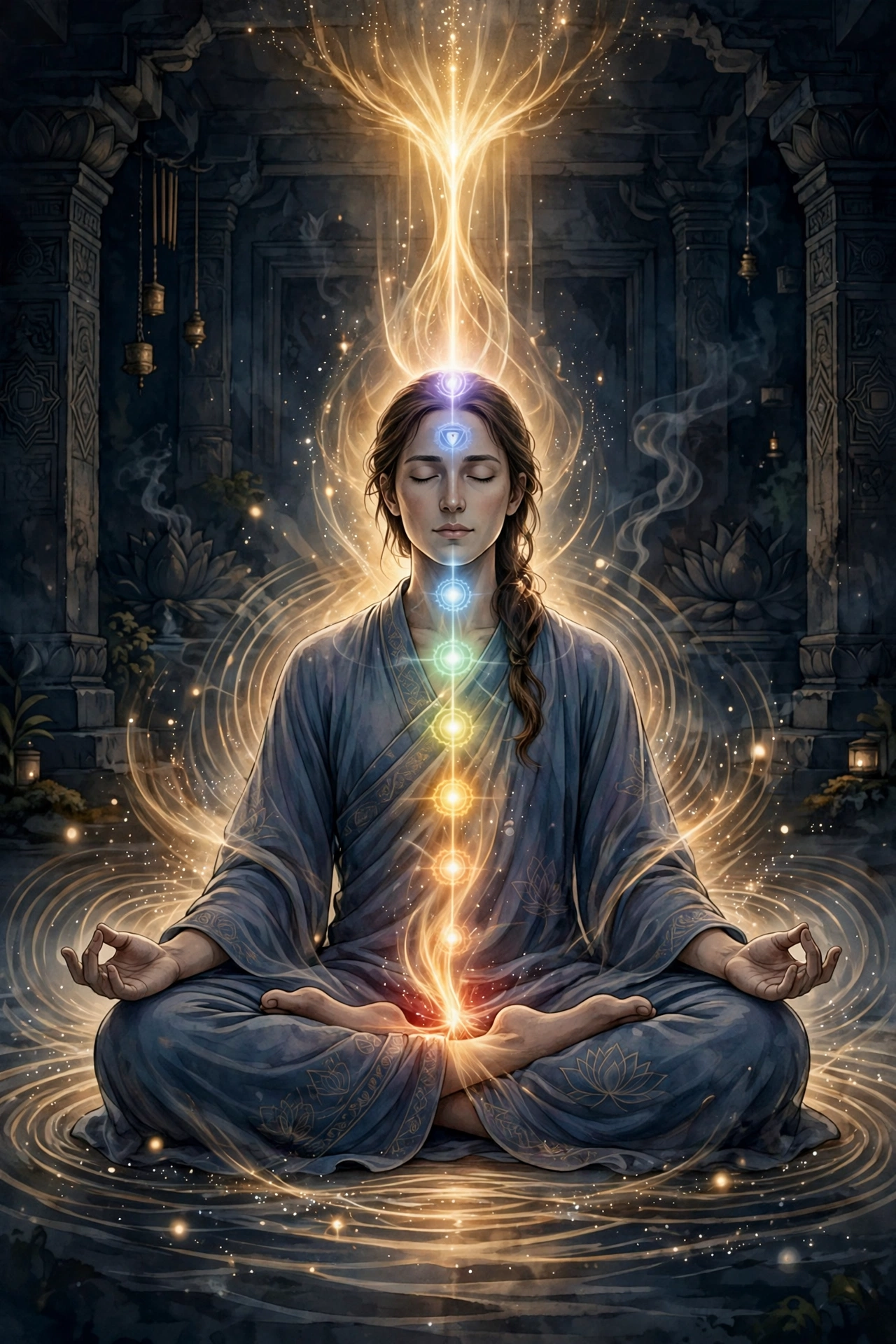 Kundalini awakening symptoms explained: streams of light rising along a meditator's spine