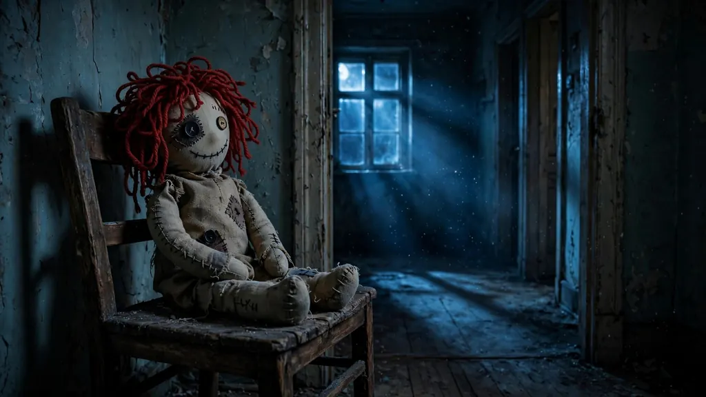 Annabelle doll supposedly moving on its own — rag doll in a shadowy apartment hallway