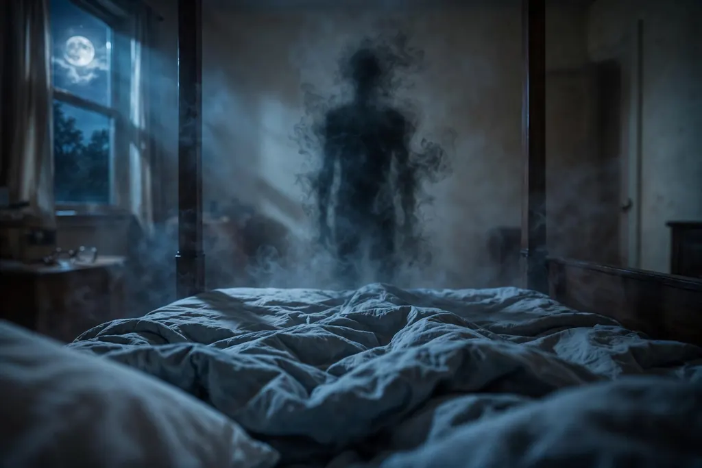 Sleep paralysis demon — the shadowy figure at the foot of the bed (scene illustration)