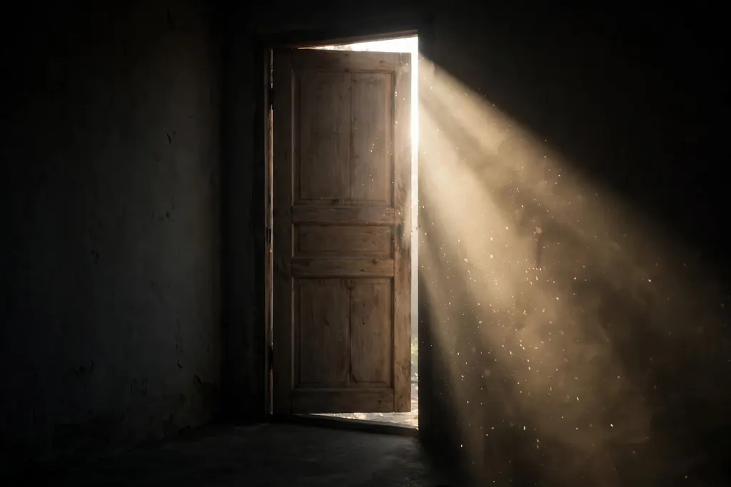 Angel number 111 meaning — light breaking through an opening door (scene illustration)