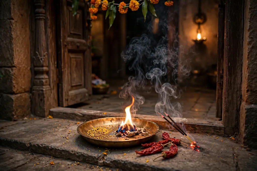 Kapoor aur sarson ka totka — camphor flame on a brass thali (scene illustration)