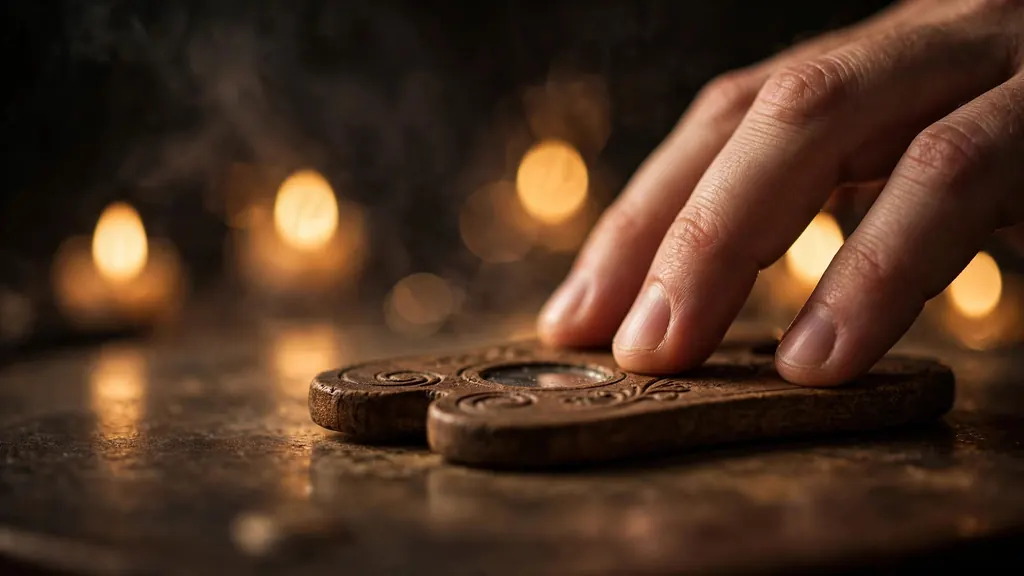 Why the Ouija planchette moves — the ideomotor effect, close-up (scene illustration)
