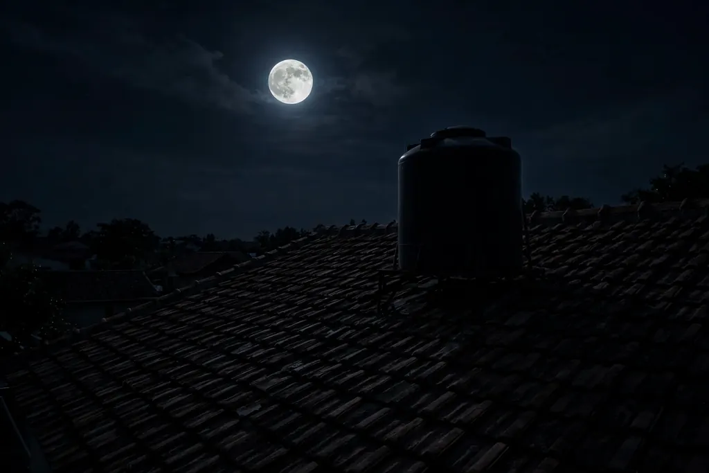 Marble rolling sound on roof at night — a roof under the full moon (scene illustration)