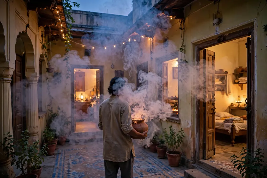 Dhooni ke fayde — carrying the smoking pot through the home (scene illustration)