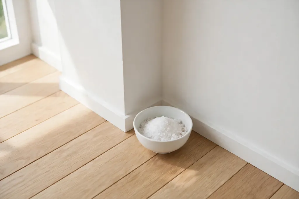 How to put salt in room corners — a bowl of coarse salt in a corner (scene illustration)
