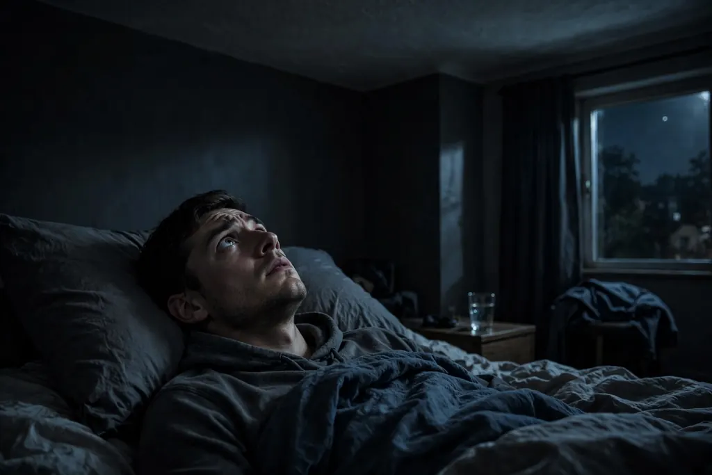 Why do I feel watched — a man awake in a dark bedroom (scene illustration)