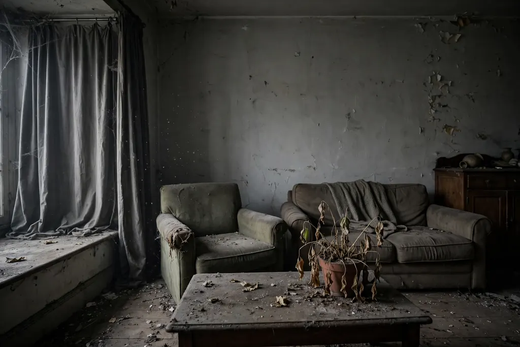 Signs of a broken home aura shield — a neglected, dusty living room (scene illustration)