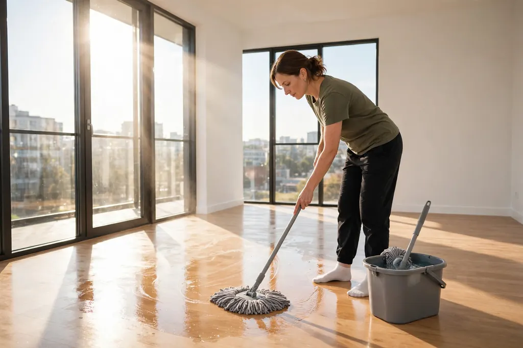 Reset apartment energy deep clean — mopping an empty apartment (scene illustration)