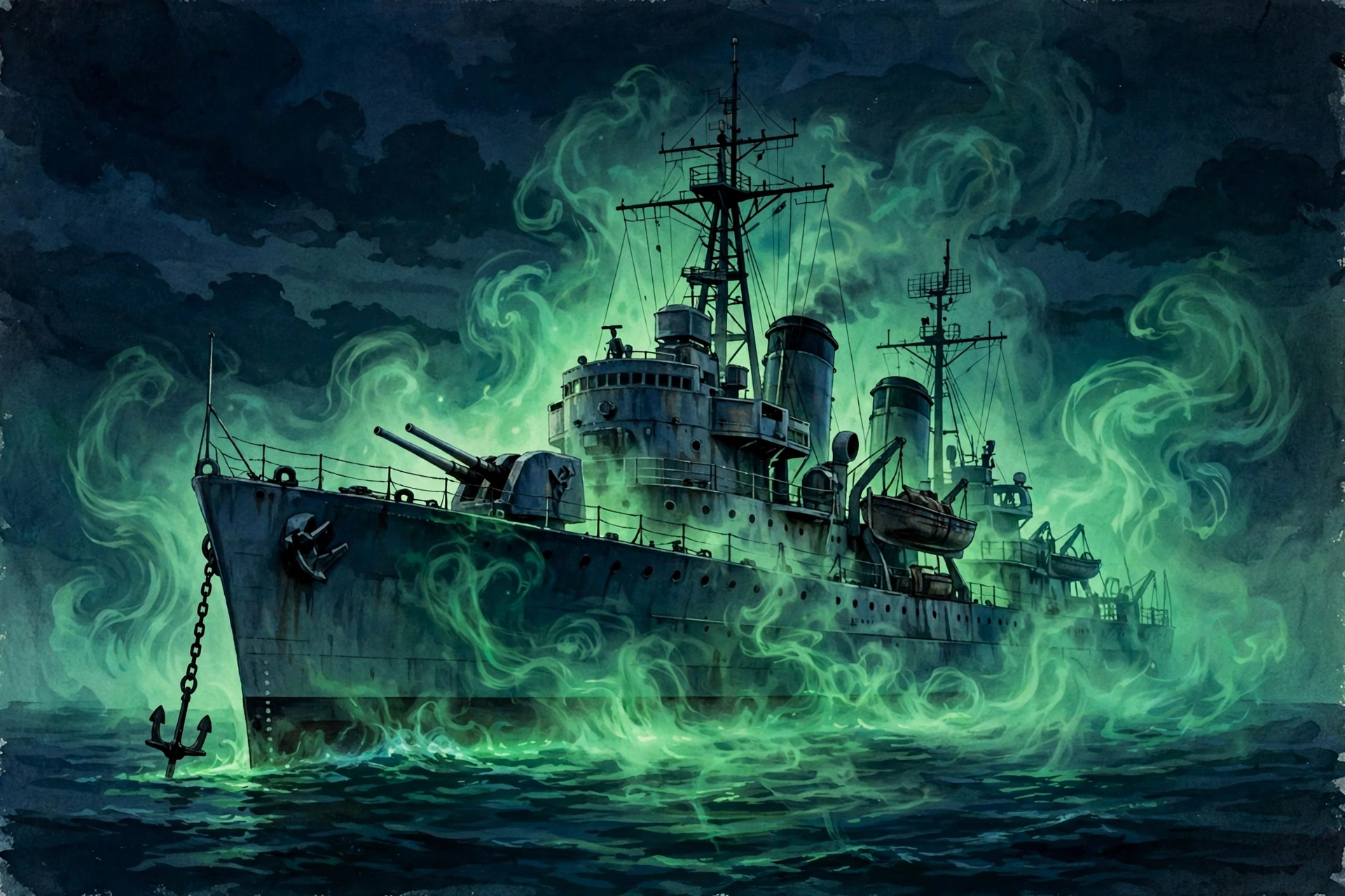 Philadelphia Experiment story explained: artist's illustration of a warship in glowing green fog at night