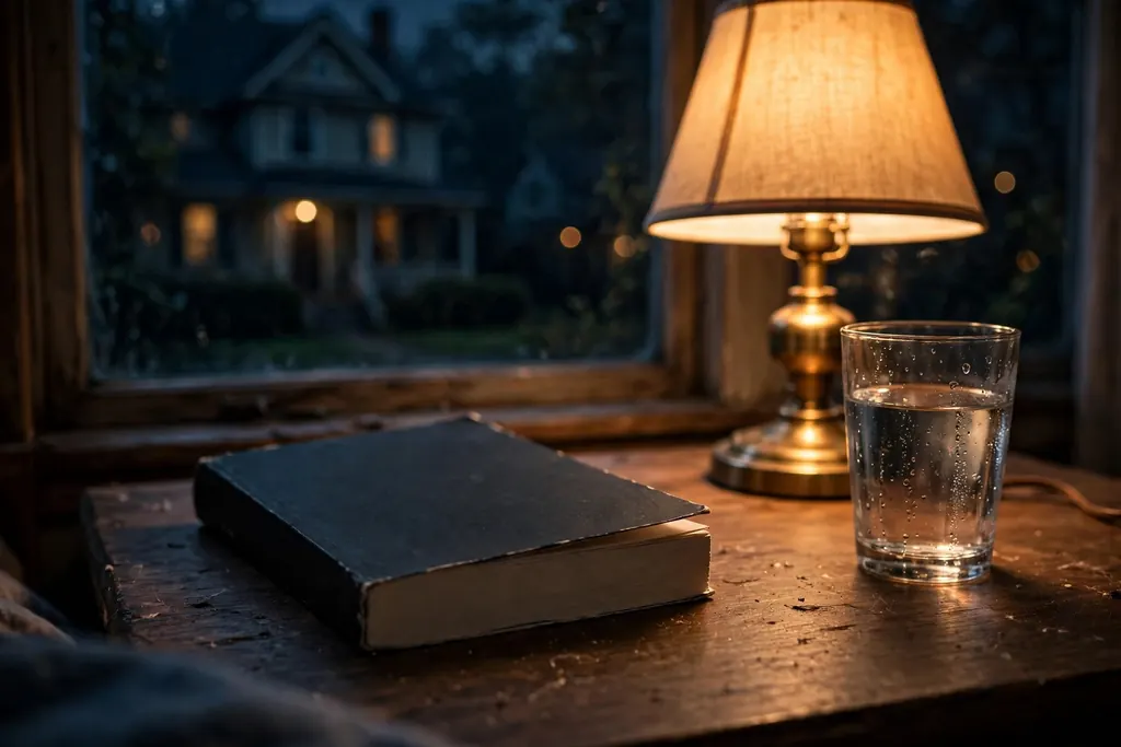 Incidents Around the House novel — the book Other Mommy is based on, on a bedside table (scene illustration)