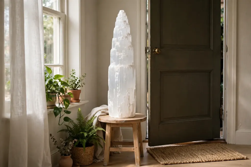 Selenite kahan rakhe — a selenite tower by the entrance door (scene illustration)