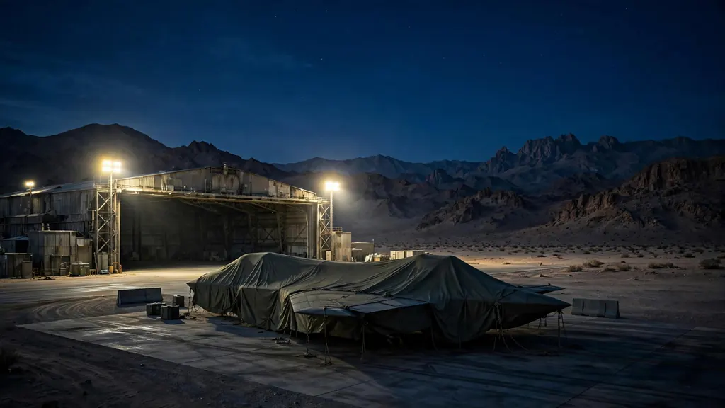 Area 51 secrets — a tarp-covered aircraft outside a hangar at night (scene illustration)