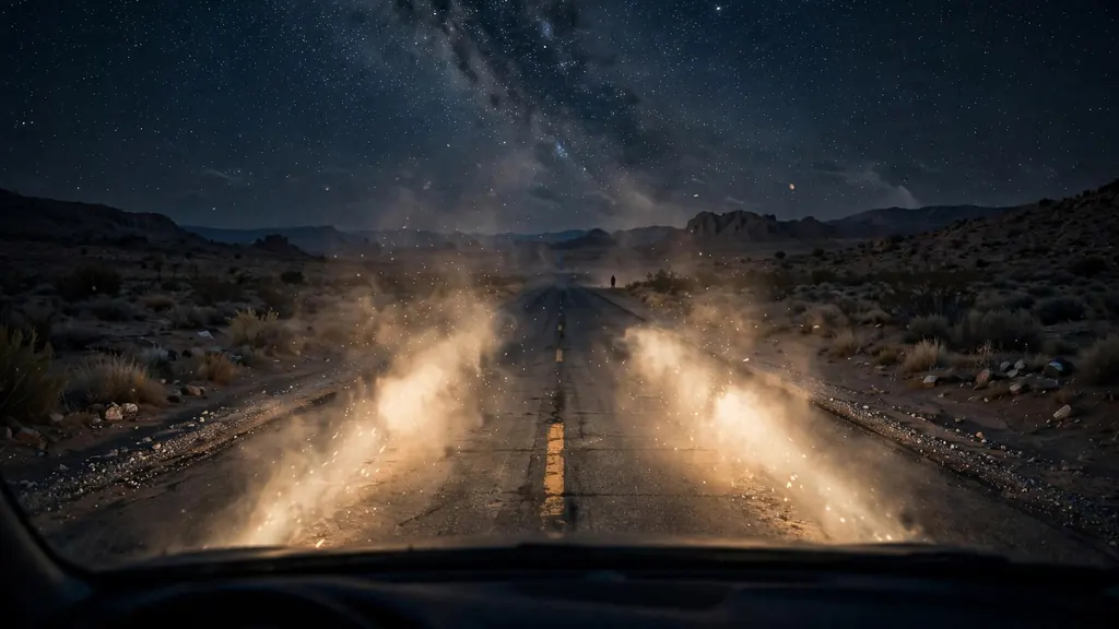 Skinwalker encounters — headlights on an empty desert road at night (scene illustration)