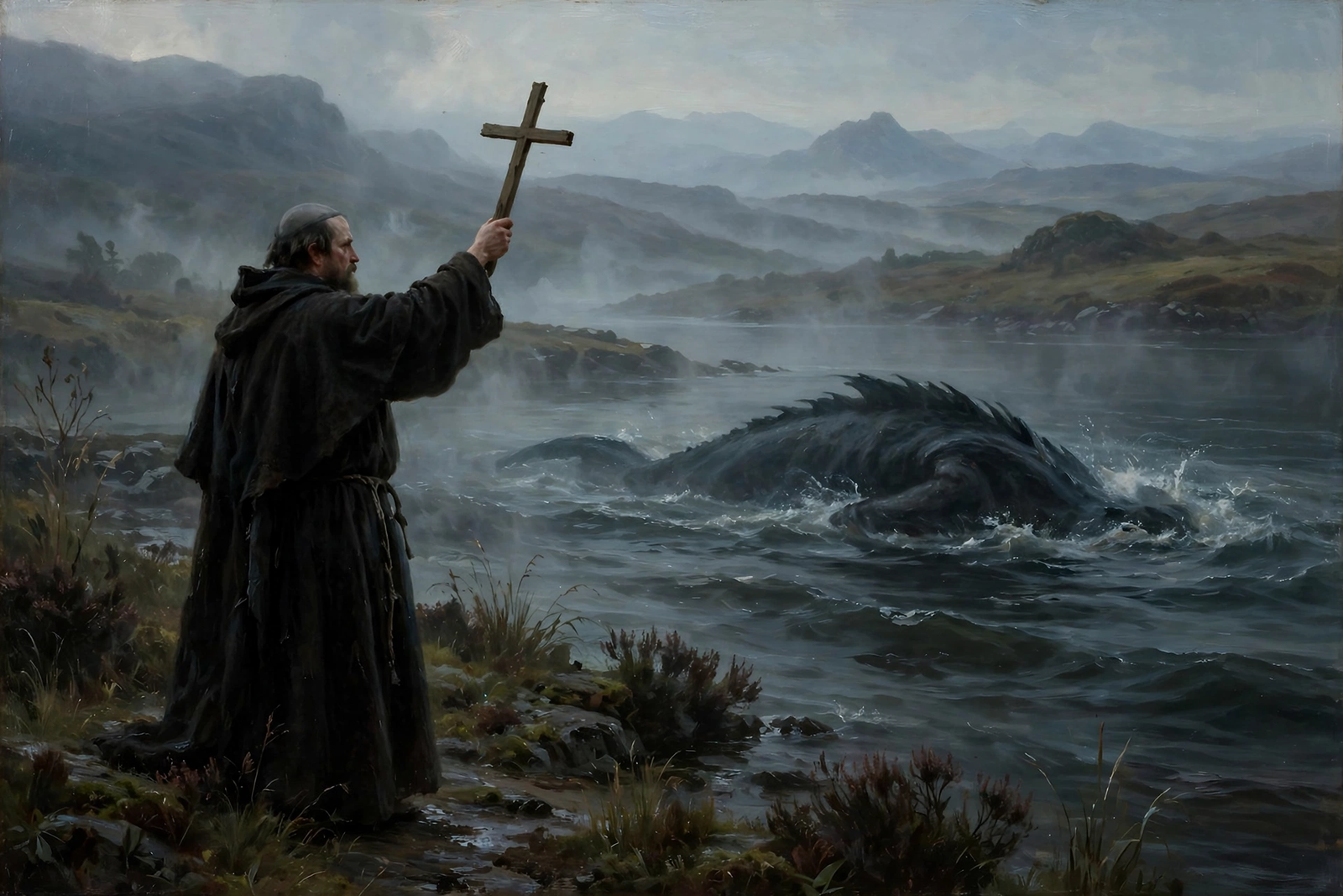 Loch Ness Monster sightings history: artistic scene of St. Columba confronting the water beast in 565 AD