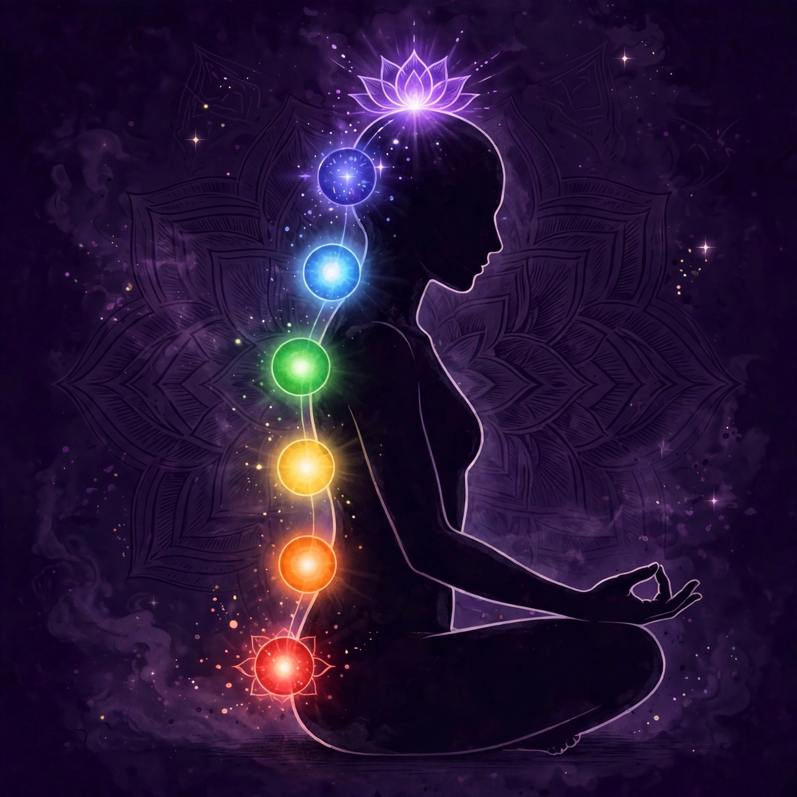 Kundalini awakening chakra stages: seven glowing energy centres along the spine