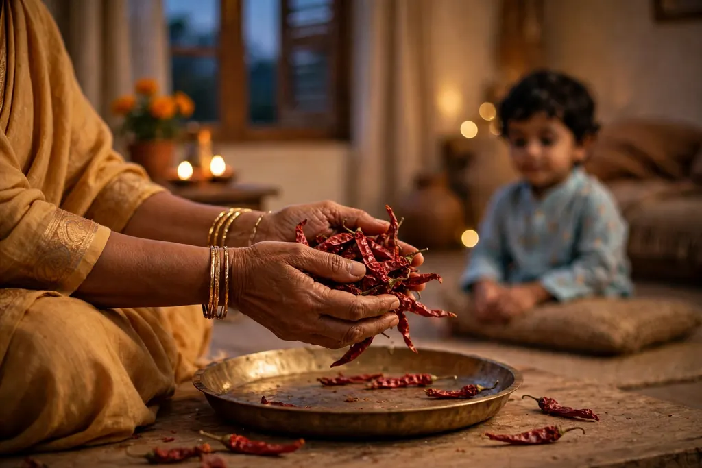 Nazar utarna ritual — circling dried red chillies to remove the evil eye (scene illustration)