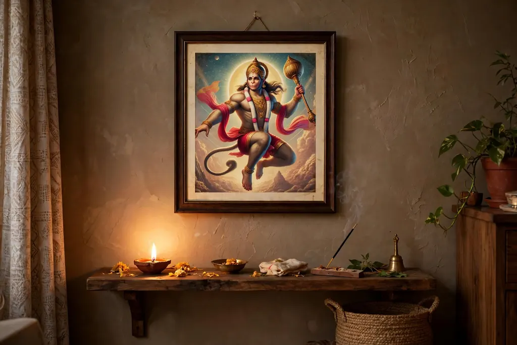 Hanuman photo in wrong direction — a framed picture on a home wall (scene illustration)