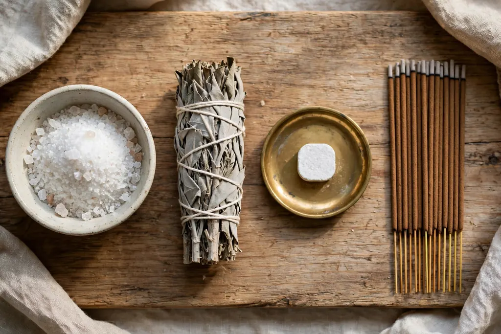 Salt vs sage smudging — salt, sage, camphor and incense flat lay (scene illustration)