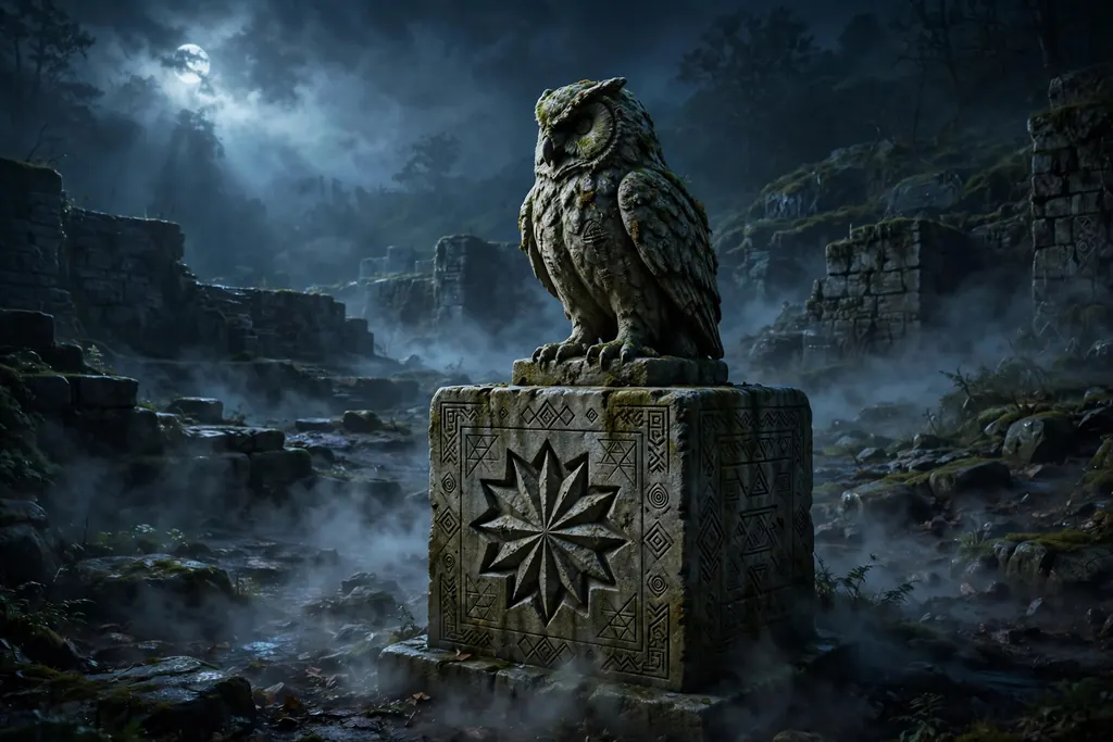 Illuminati owl symbol — a stone owl statue in moonlight (scene illustration)