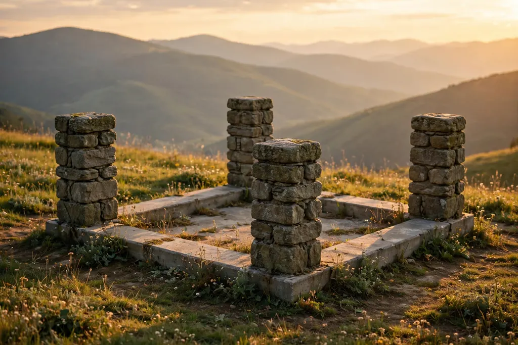 Angel number 444 meaning — four stone pillars of stability (scene illustration)