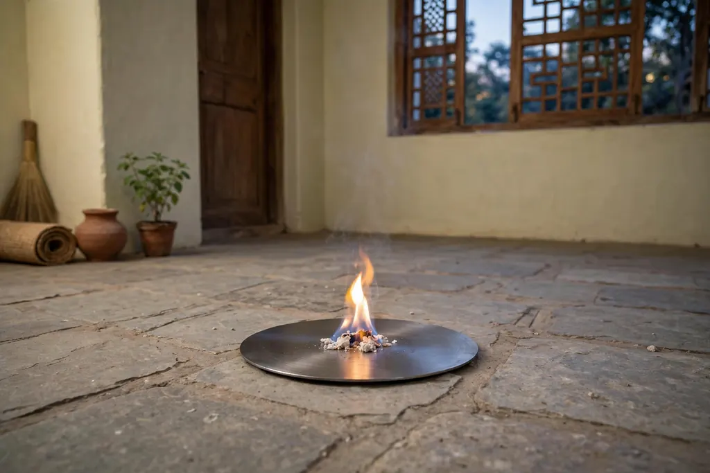 Evil eye removal safety — camphor burning on a fireproof steel plate (scene illustration)