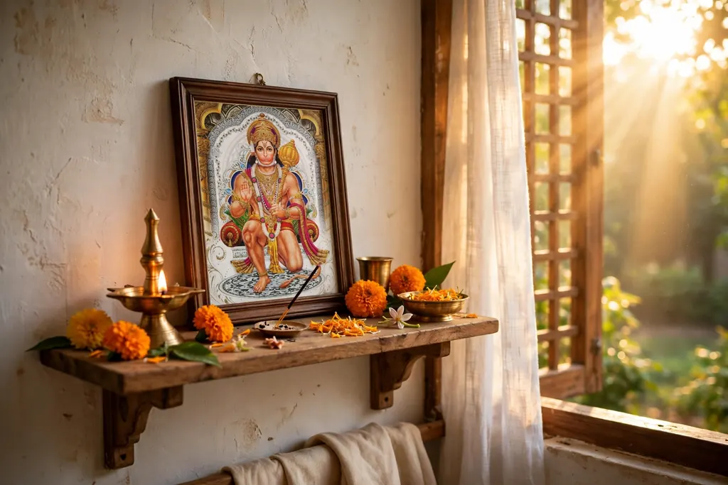Hanuman photo vastu logic — a sunlit home puja corner (scene illustration)
