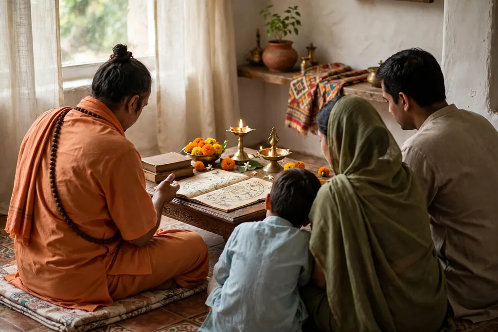 Pitru dosh — consulting a pandit or jyotishi at home (scene illustration)