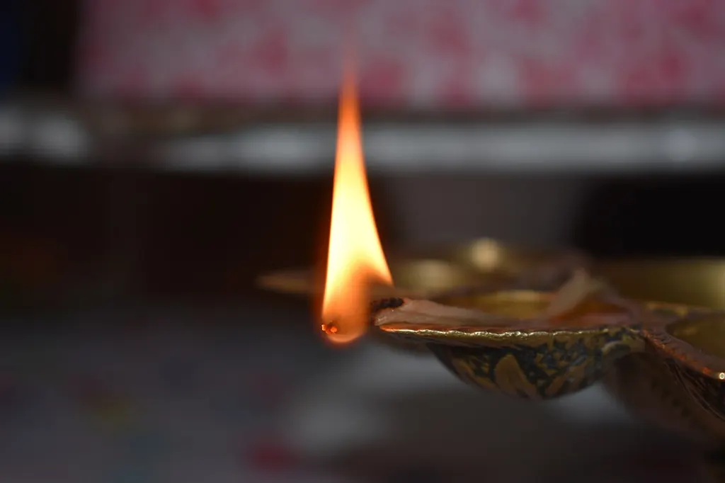 Pooja room vastu — a lit brass diya flame (Wikimedia Commons)