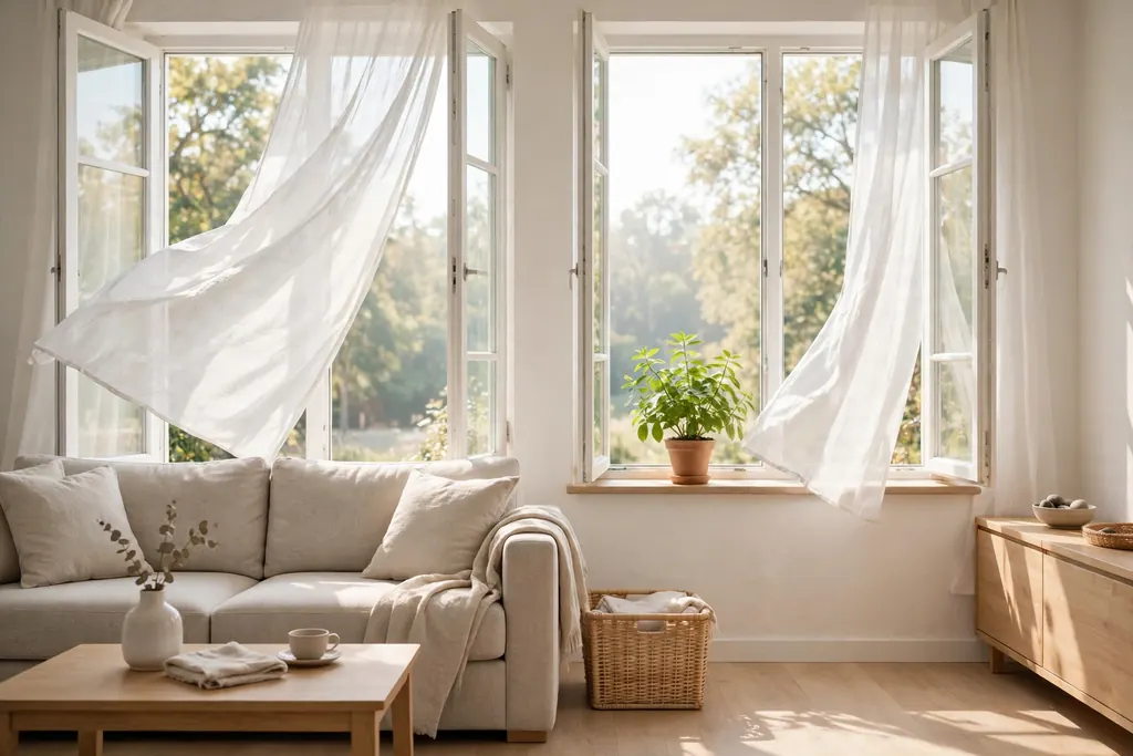 Neglected vs broken aura shield — a bright aired-out living room (scene illustration)