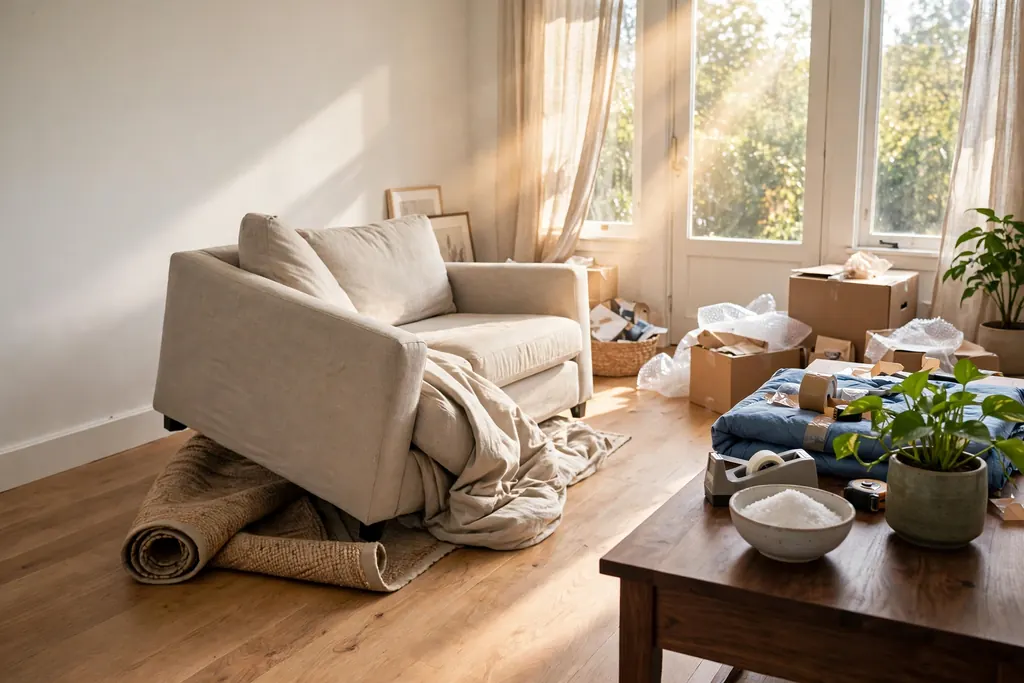 Salt bowls and rearranging furniture — a bright rearranged living room (scene illustration)