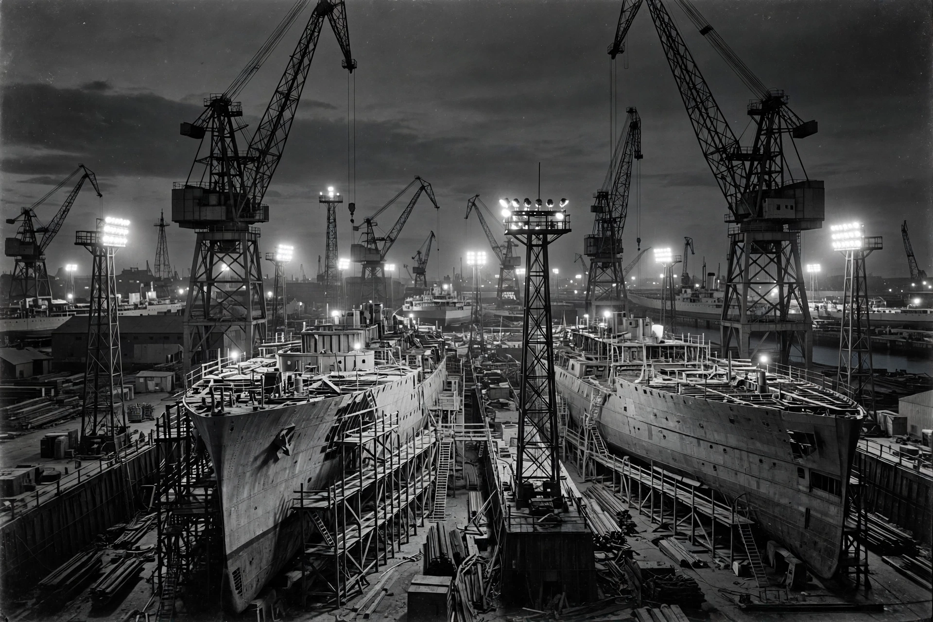 Philadelphia Experiment story explained: a 1940s naval shipyard at dusk