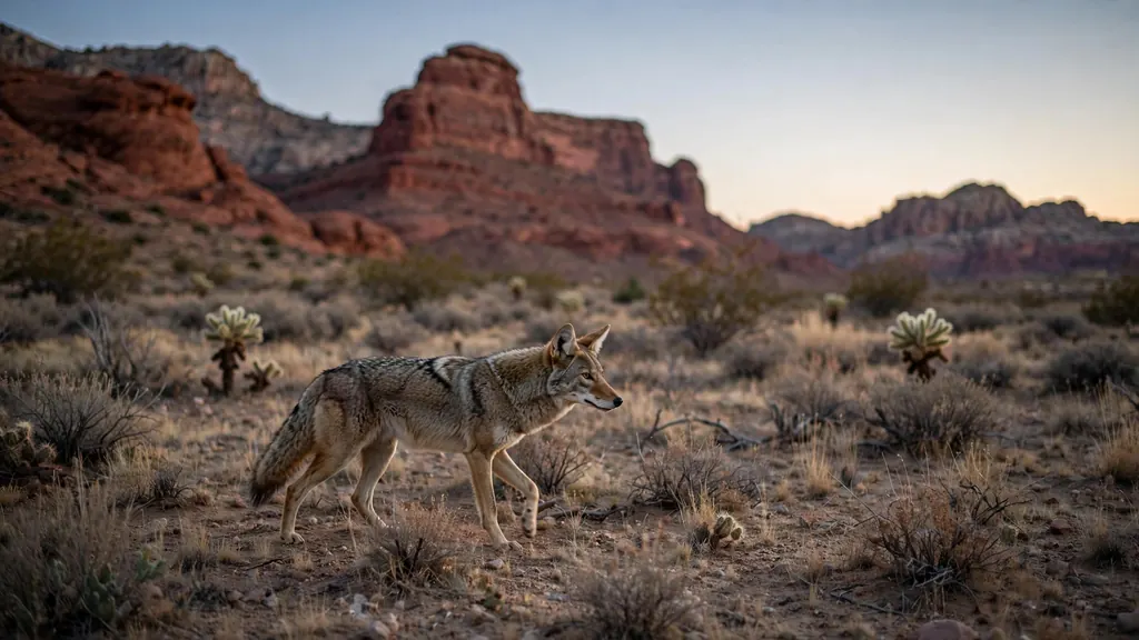 Skinwalker rational explanations — a real coyote in the desert at dusk (scene illustration)