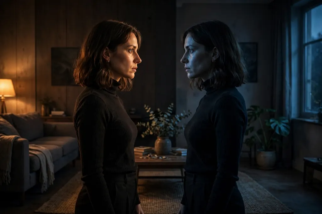 Other Mommy vs doppelganger horror films — a woman facing her exact double (scene illustration)