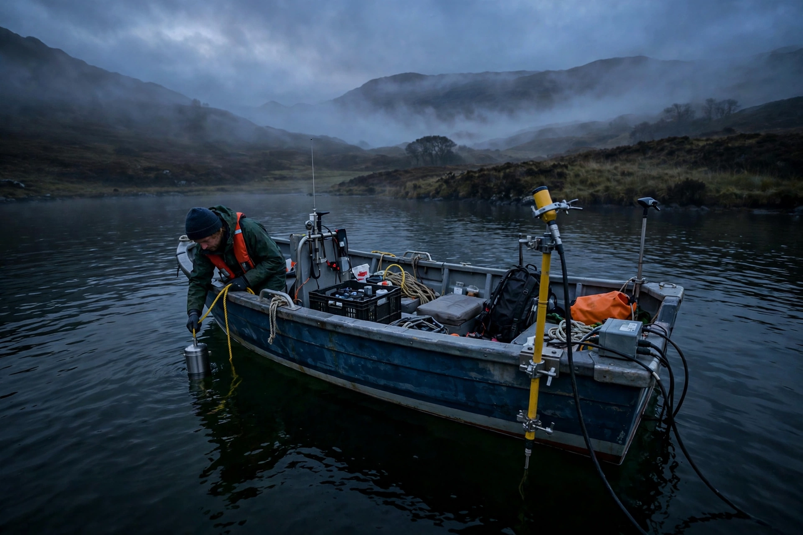 Loch Ness Monster sightings history: research boat taking water samples on Loch Ness for the 2018 eDNA study