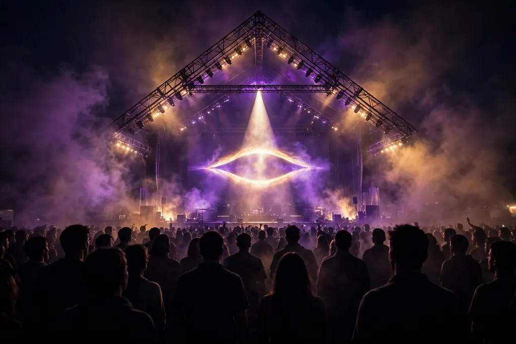 Illuminati symbols in pop culture — eye-shaped stage light at a concert (scene illustration)