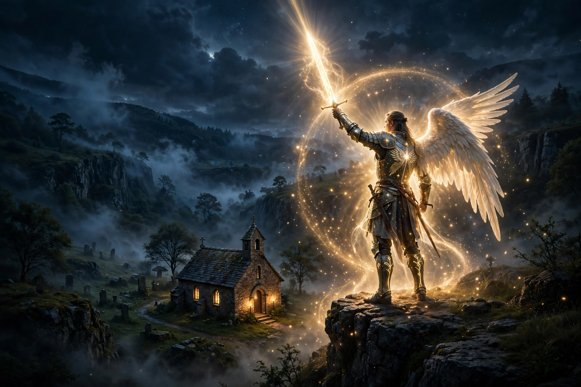 protection prayers against evil St Michael archangel glowing figure with sword